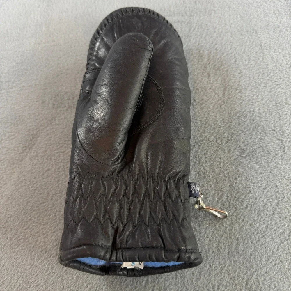 Vintage Conroy Black Leather Mittens Womens Medium Blue Fleece Lined Zipper Back